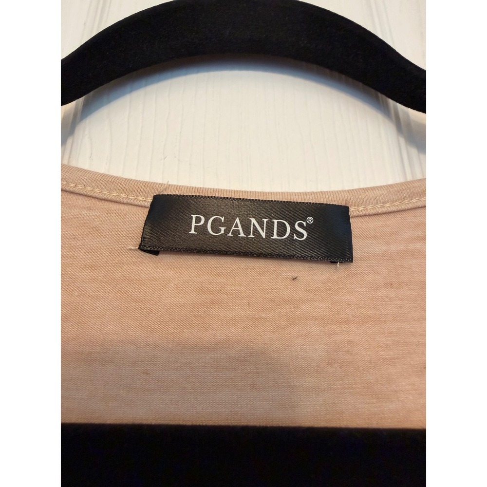 PGANDS Women Beige Notched V-Neck Puff Sleeve Smocked Cuff Knit Top Large - Picture 3 of 7